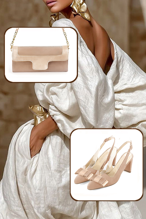 Women's biscuit beige and gold elegant slingback heels, with a bow on the front. Tapered toe. Medium spool heels - Worn view